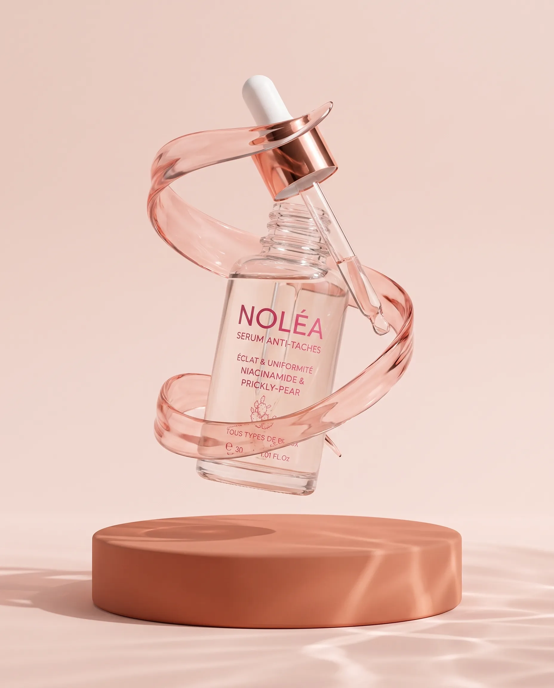 Le sérum NOLÉA en lévitation, entouré d’un ruban de sérum